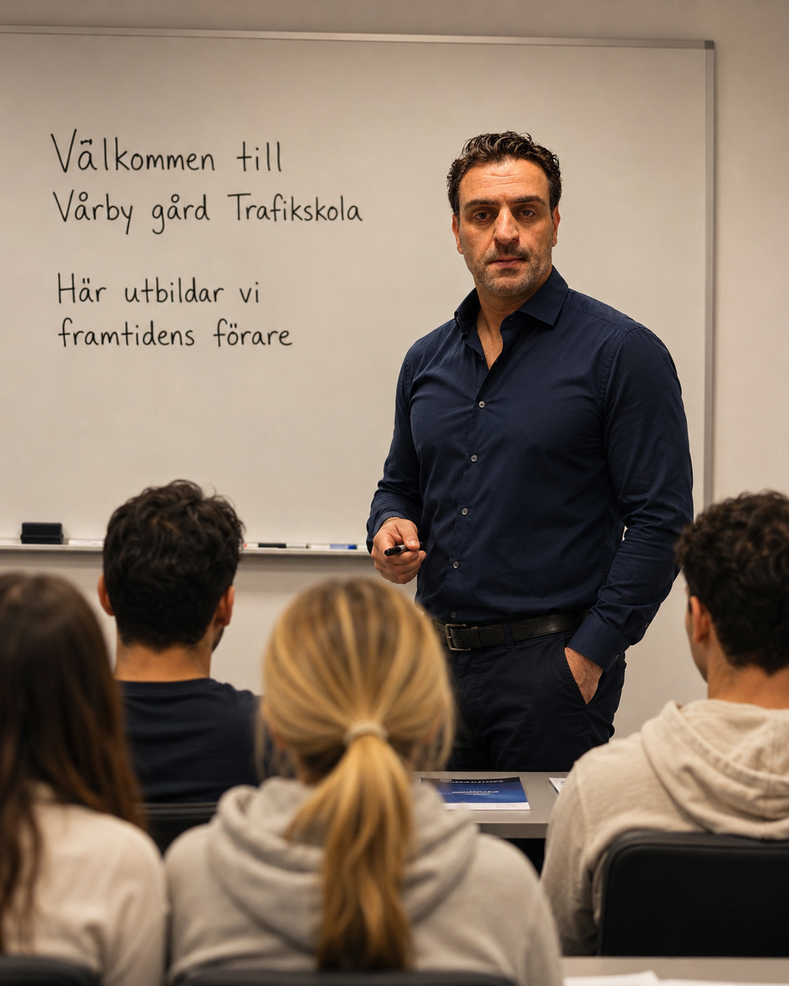 Trafiklärare framför tavla på Vårby Gård Trafikskola